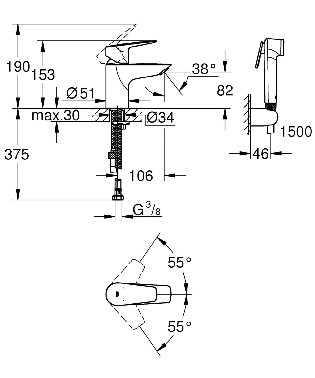 Baterie lavoar Grohe 237732431, 28 mm, 5 l/min, 0.7 bar, 34 mm, 153 mm, 106 mm, 375 mm, 1 orificii instalare, Negru — imaginea 7