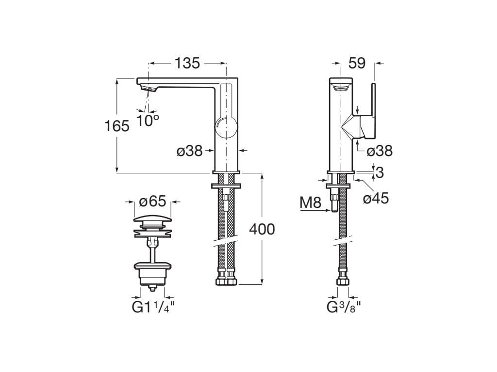 Baterie lavoar Roca A5A405FNB0, 28 mm, 5 l/min, 0.5 bar, 35 mm, 165 mm, 135 mm, 400 mm, 1 orificii instalare, Negru — imaginea 2