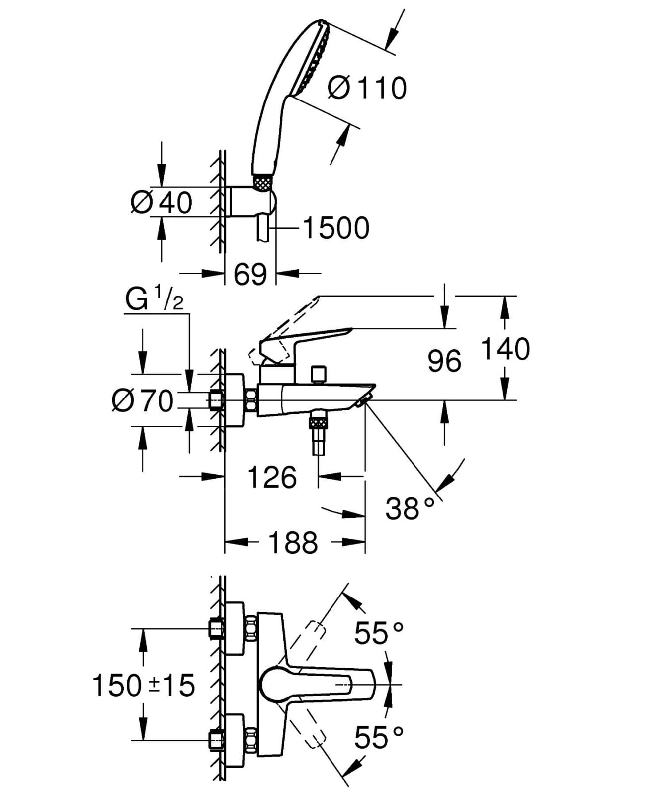 Baterie cada Grohe 25283002, 0.8 bar, 110 mm, 1.5 m, 188 mm, 221 mm, 2 orificii instalare, 1 functii para dus, Crom — imaginea 2