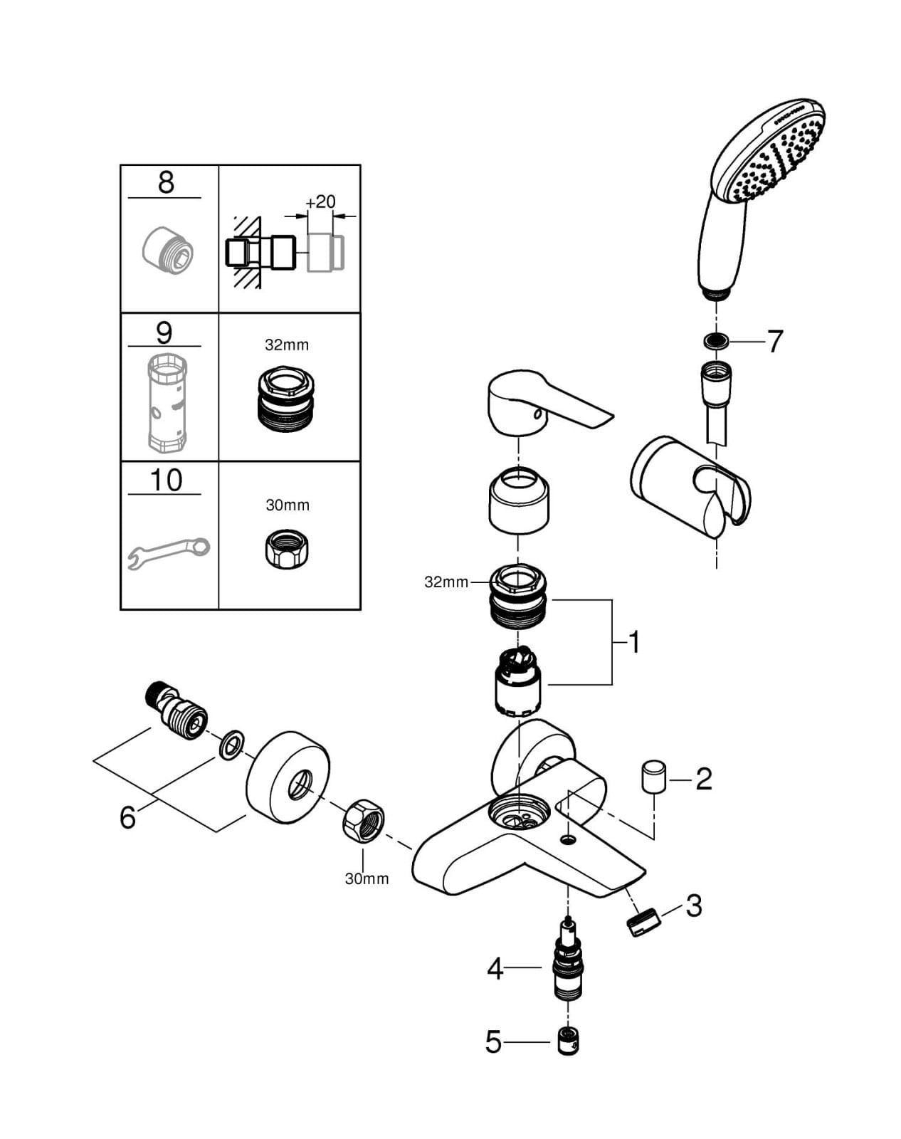 Baterie cada Grohe 25283002, 0.8 bar, 110 mm, 1.5 m, 188 mm, 221 mm, 2 orificii instalare, 1 functii para dus, Crom — imaginea 3