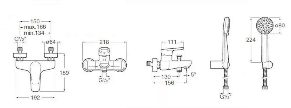 Baterie cada Roca A5A011BC0K, 0.8 bar, 80 mm, 1.7 m, 189 mm, 218 mm, 156 mm, 2 orificii instalare, Crom — imaginea 2