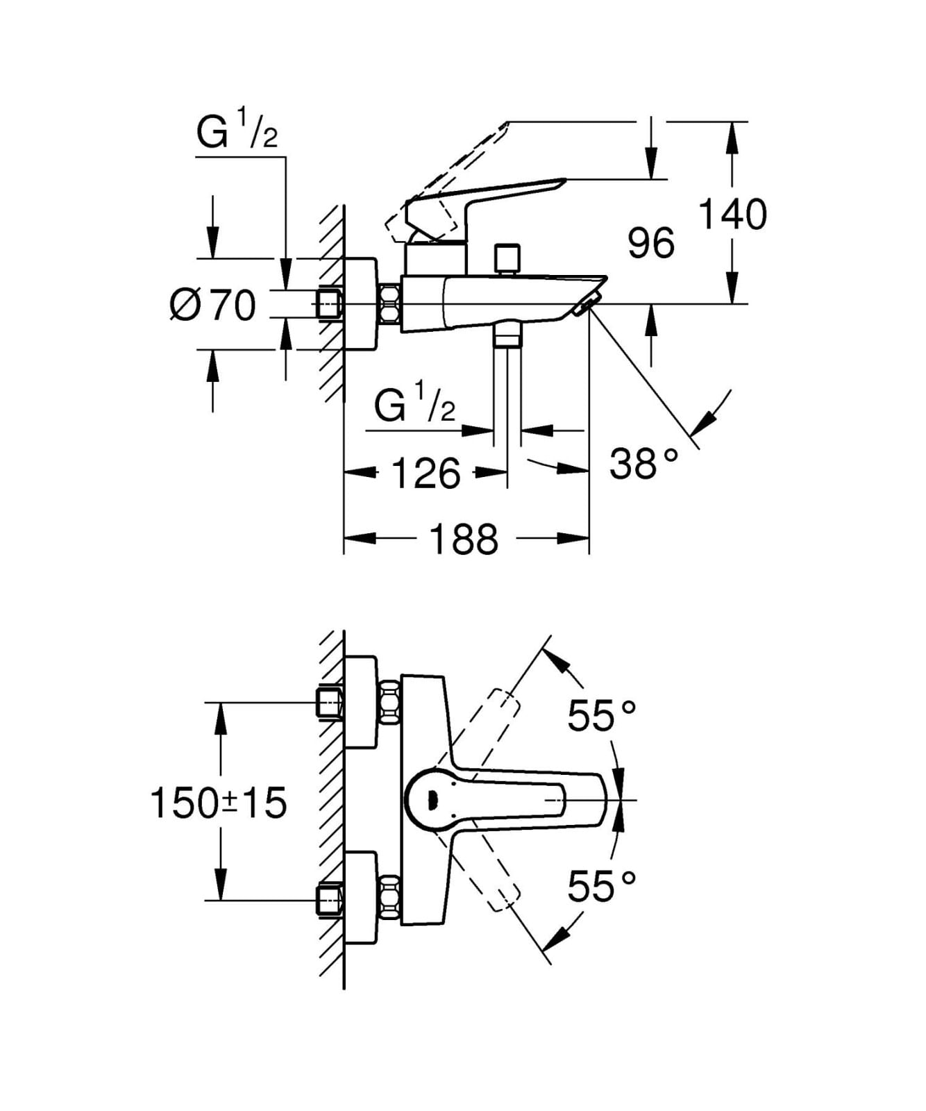 Baterie cada Grohe 242062432, 0.8 bar, 188 mm, 223 mm, 2 orificii instalare, 1/2 dimensiune racord, Negru — imaginea 3