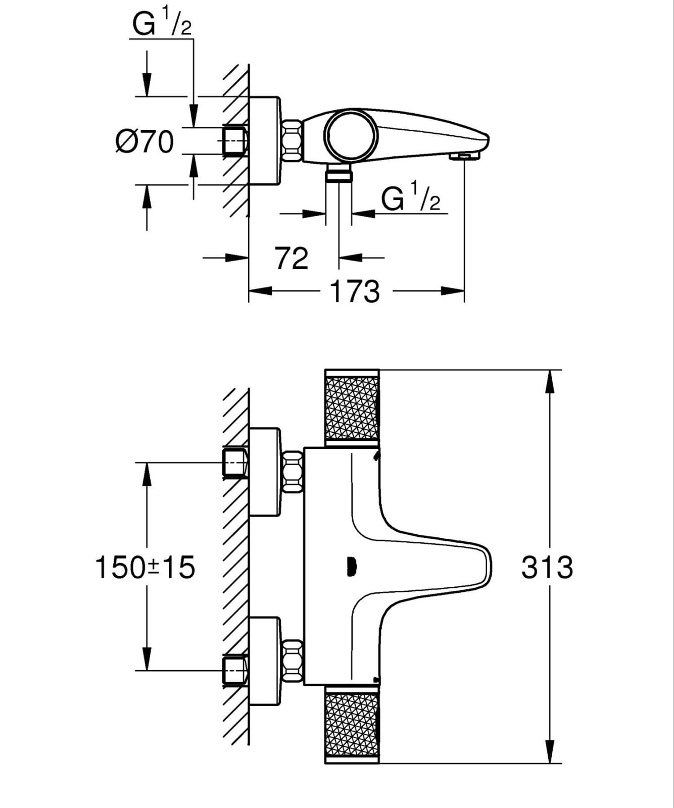 Baterie cada Grohe 347882430, 1 bar, 172 mm, 313 mm, 2 orificii instalare, 1/2 dimensiune racord, Negru — imaginea 7