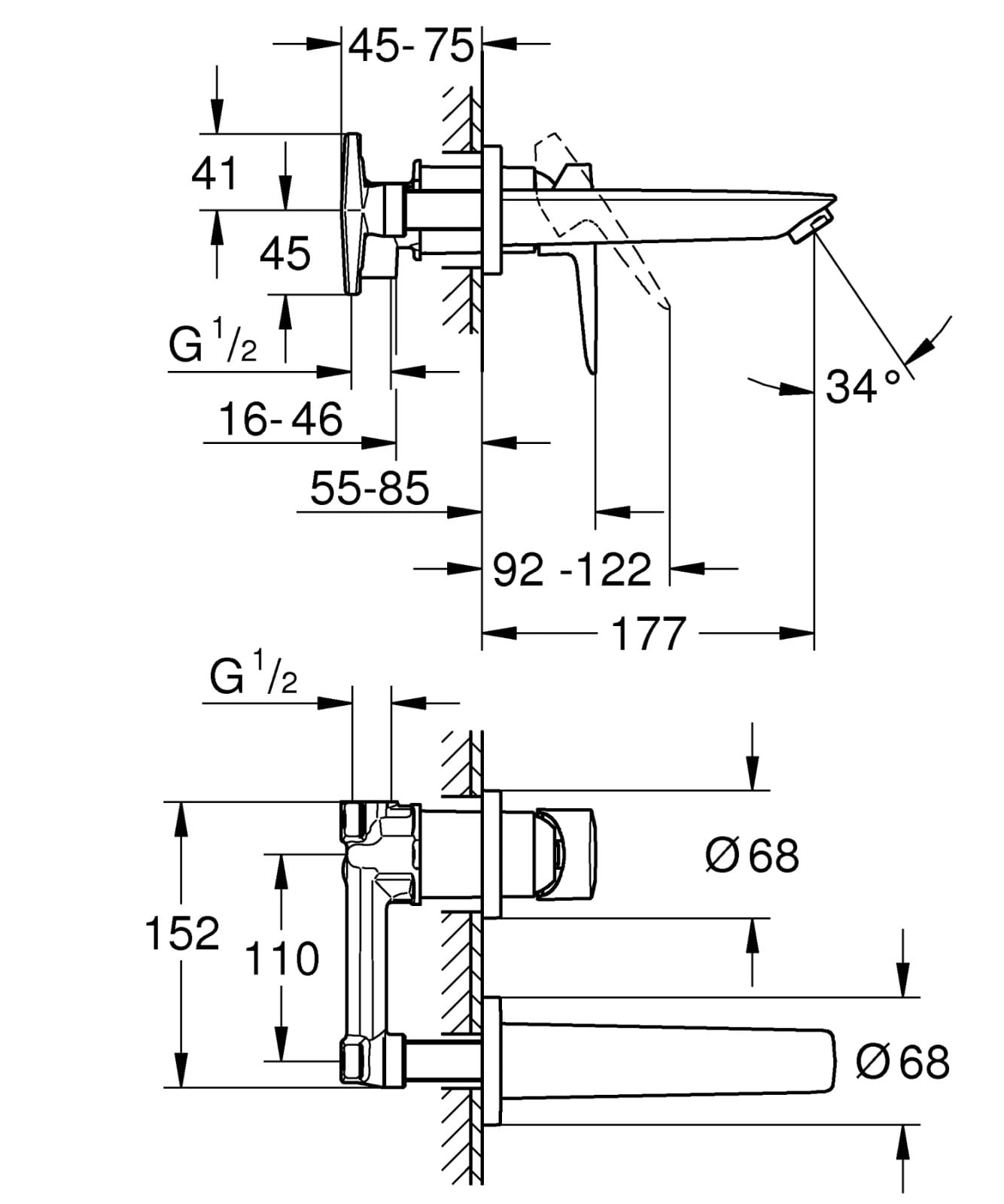 Baterie de lavoar Grohe 20289001, 1 bar, 35 mm, 60 mm, 177 mm, 2 orificii instalare, 1/2 dimensiune racord, Crom — imaginea 5