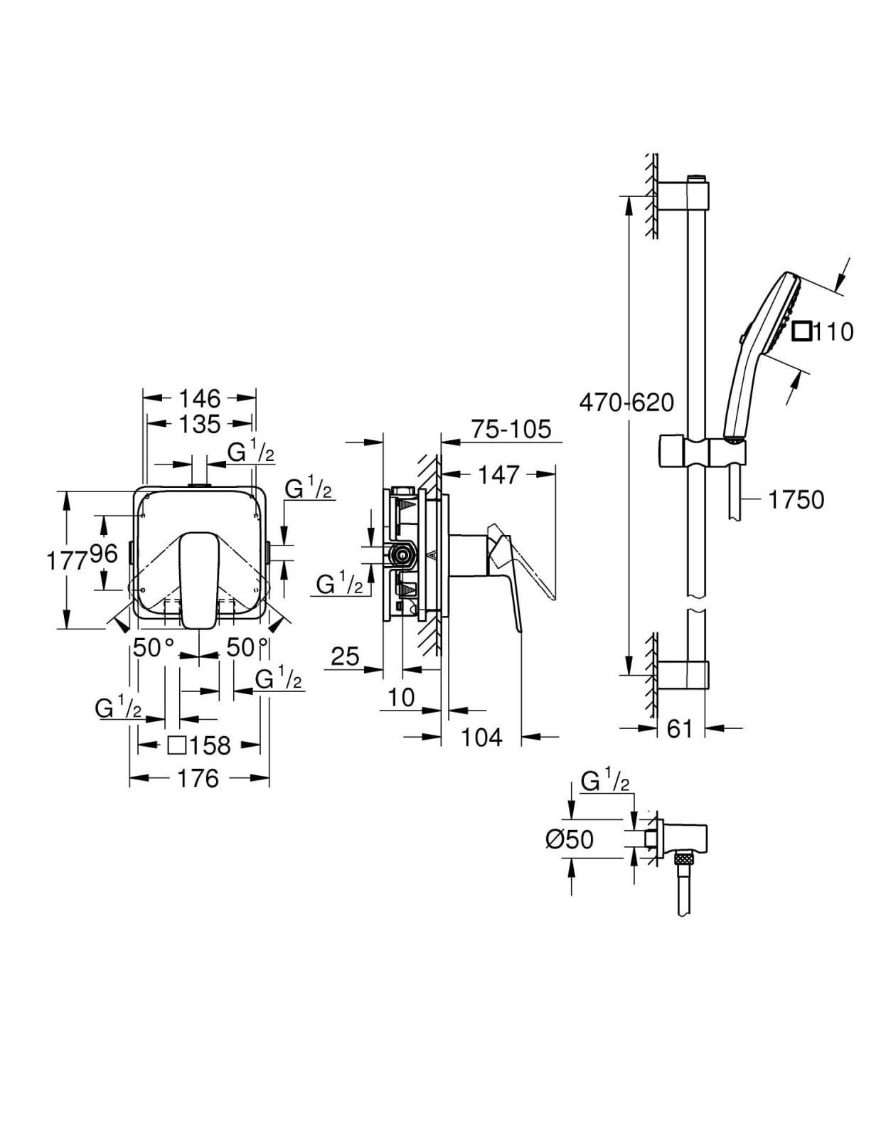 Baterie dus Grohe 1053350000, 0.8 bar, 146 mm, 158 mm, 110 mm, 1.75 m, 600 mm, 2 orificii instalare, Crom — imaginea 4