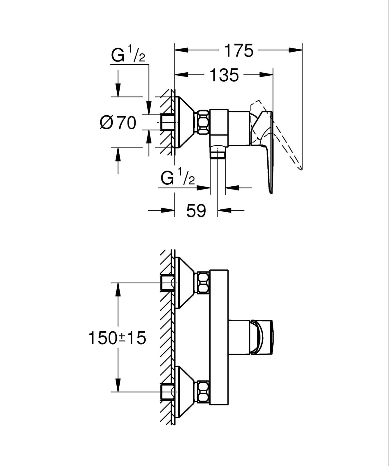 Baterie dus Grohe 233472431, 1 bar, 135 mm, 215 mm, 2 orificii instalare, 1/2 dimensiune racord furtun, Negru — imaginea 5
