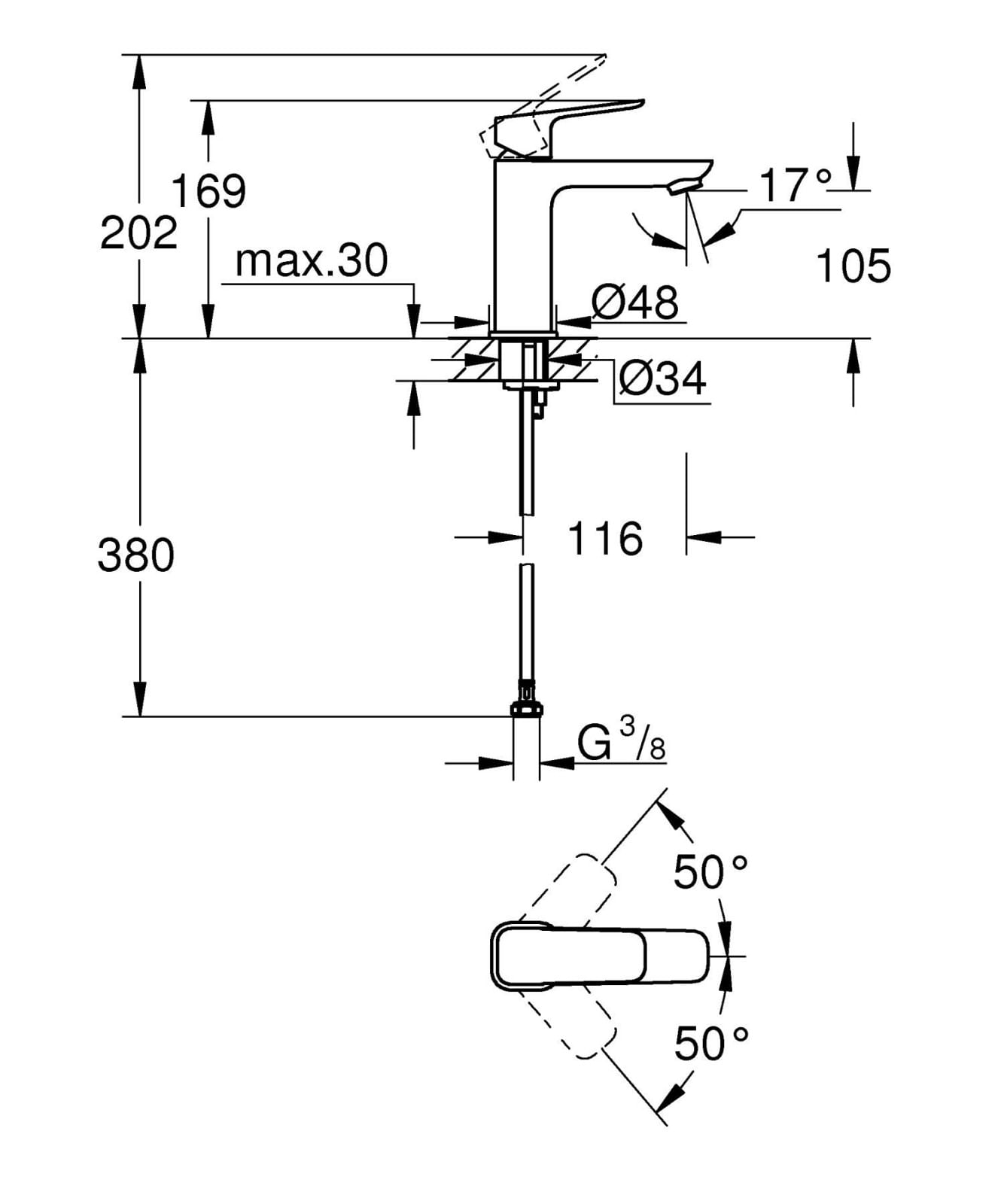 Baterie lavoar Grohe 1017552430, 28 mm, 5 l/min, 0.8 bar, 35 mm, 169 mm, 116 mm, 380 mm, 1 orificii instalare, Negru — imaginea 4