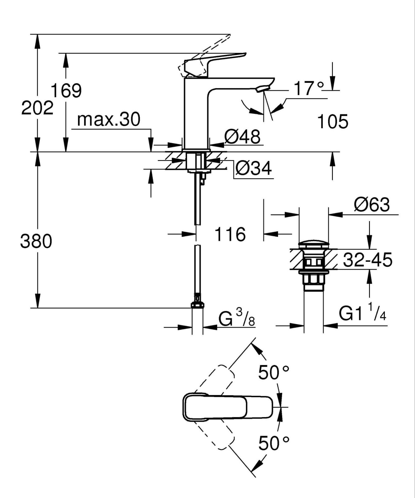 Baterie lavoar Grohe 1017522430, 28 mm, 5 l/min, 0.6 bar, 35 mm, 169 mm, 116 mm, 380 mm, 1 orificii instalare, Negru — imaginea 2