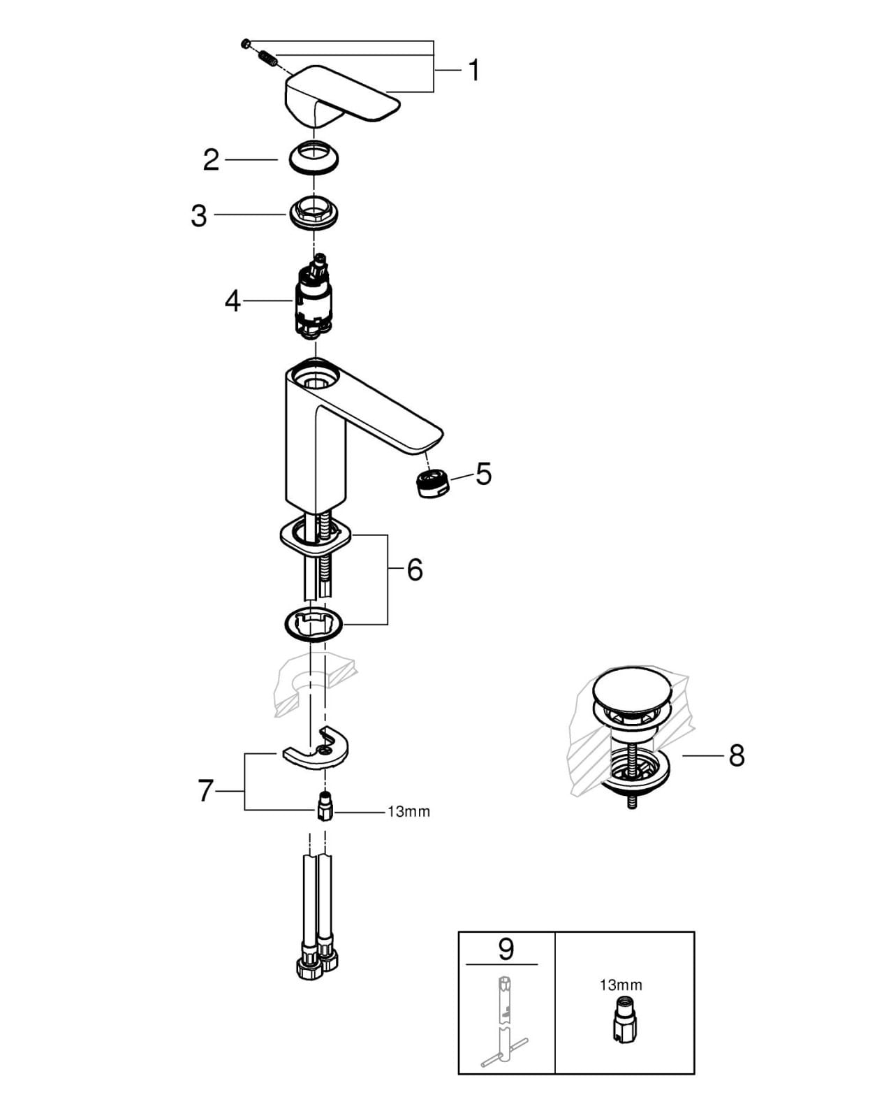 Baterie lavoar Grohe 1017522430, 28 mm, 5 l/min, 0.6 bar, 35 mm, 169 mm, 116 mm, 380 mm, 1 orificii instalare, Negru — imaginea 5