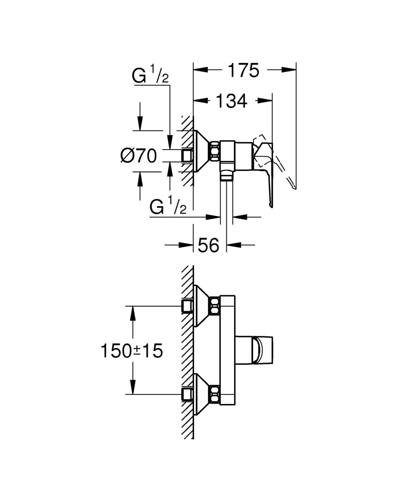 Baterie dus Grohe 23634001, 1 bar, 225 mm, 134 mm, 2 orificii instalare, 1/2 dimensiune racord furtun, Crom — imaginea 2