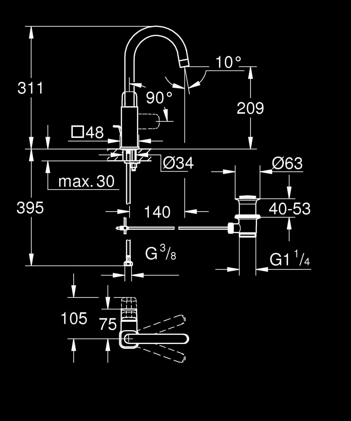 Baterie lavoar Grohe 1017670000, 28 mm, 5 l/min, 0.6 bar, 35 mm, 311 mm, 140 mm, 395 mm, 1 orificii instalare, Crom — imaginea 3