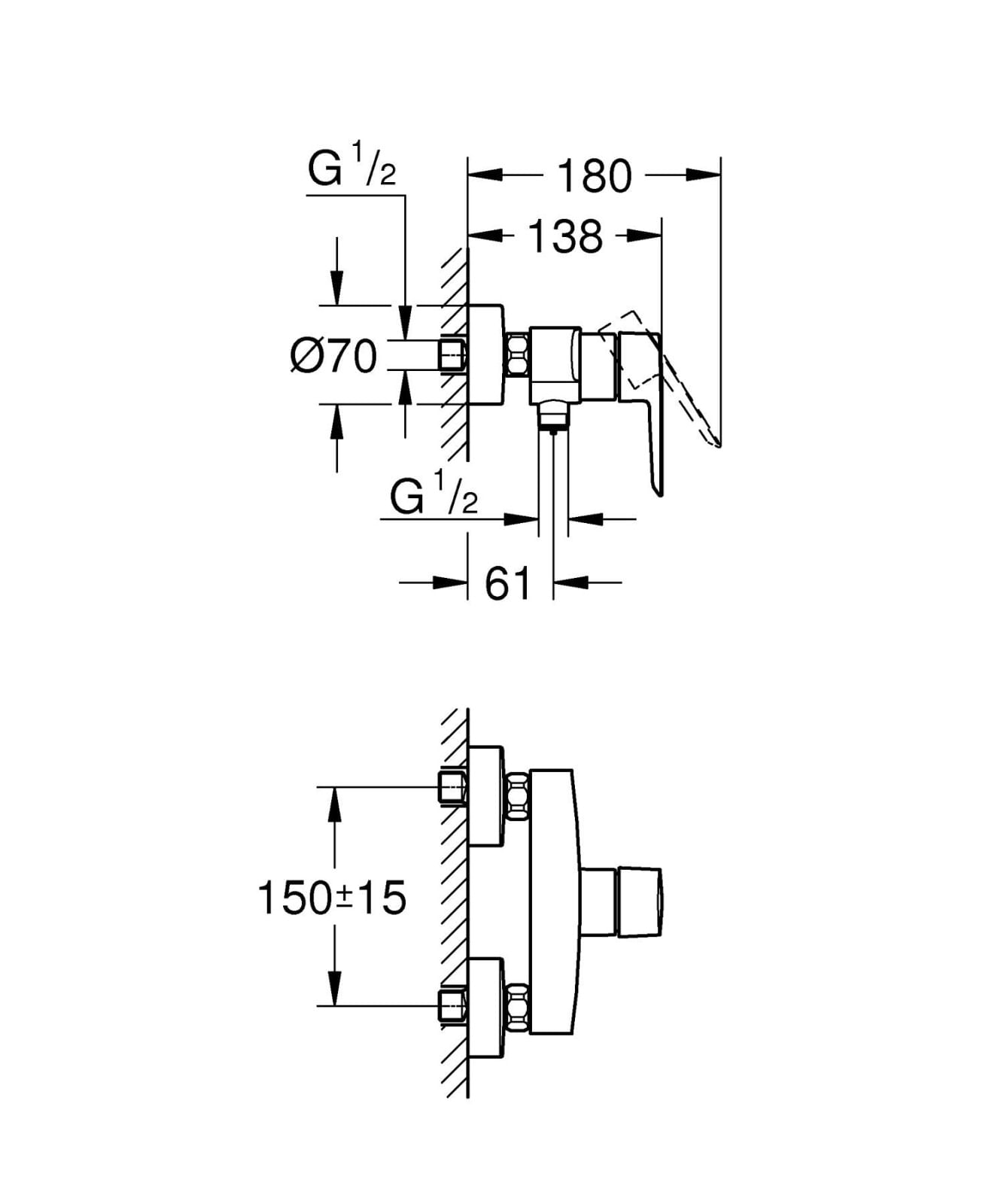 Baterie dus Grohe 242082432, 0.8 bar, 223 mm, 138 mm, 2 orificii instalare, 1/2 dimensiune racord furtun, Negru — imaginea 5
