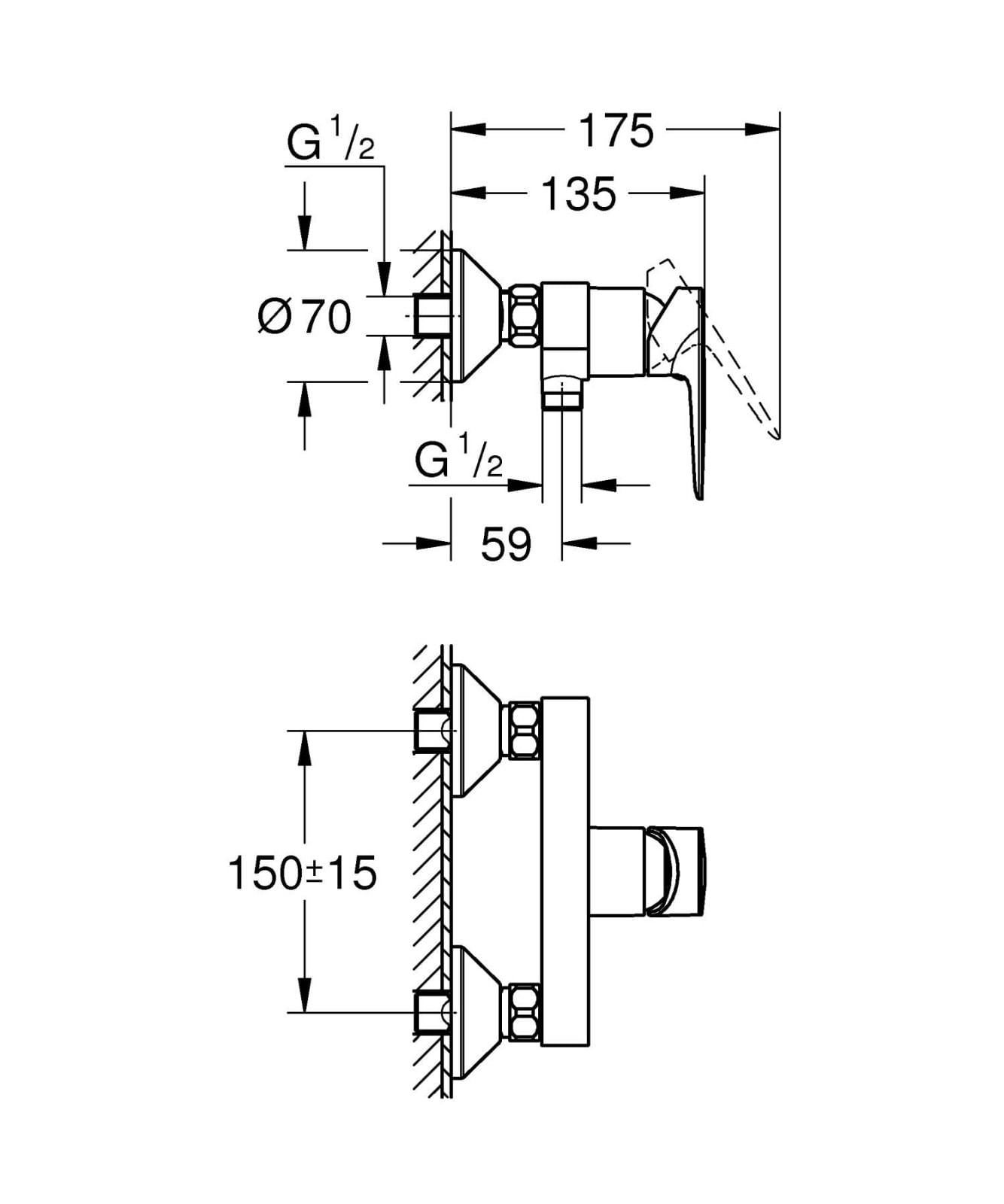Baterie dus Grohe 24197001, 1 bar, 255 mm, 114 mm, 2 orificii instalare, 1/2 dimensiune racord furtun, Crom — imaginea 9