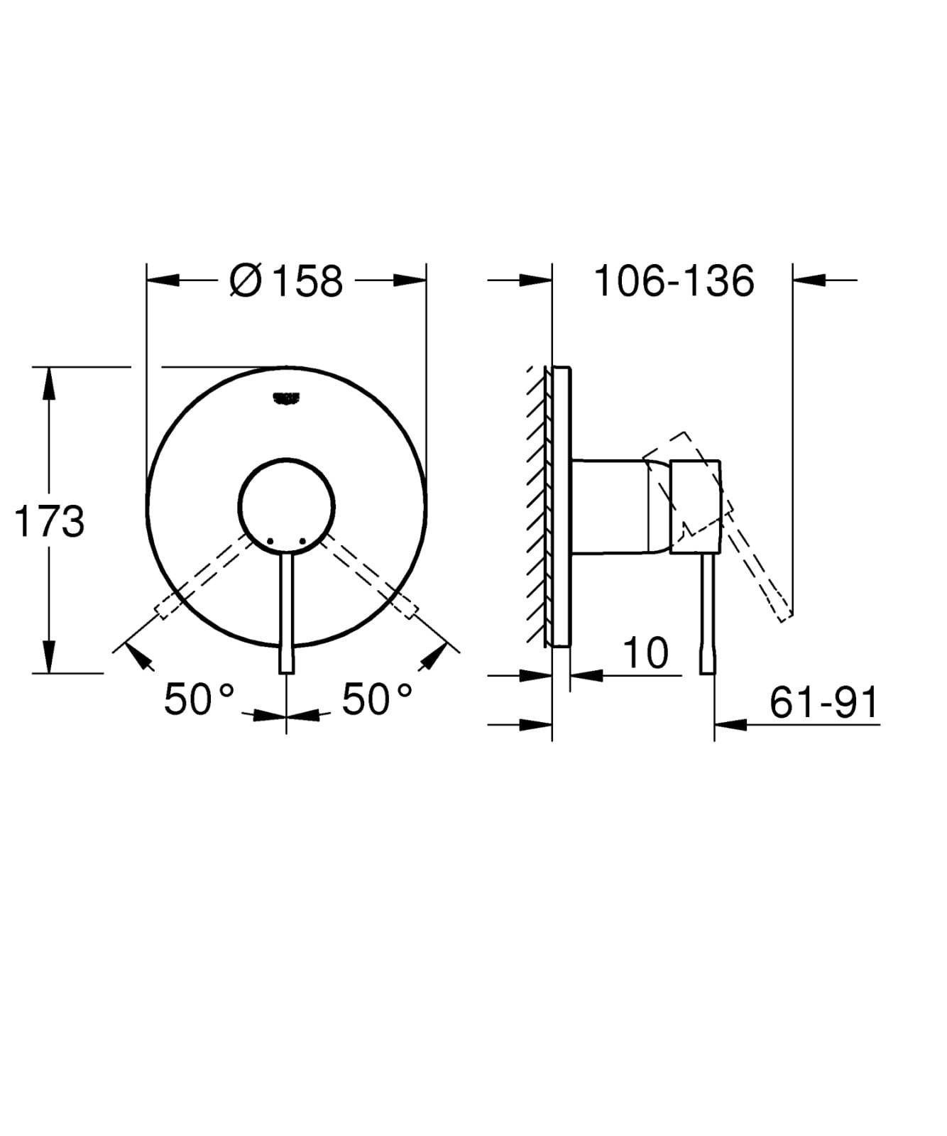 Unitate comanda Grohe 24168DA1, 1 bar, 163 mm, 12 mm, 1 iesiri, 1 functii palarie dus, 1/2 dimensiune racord, Cupru