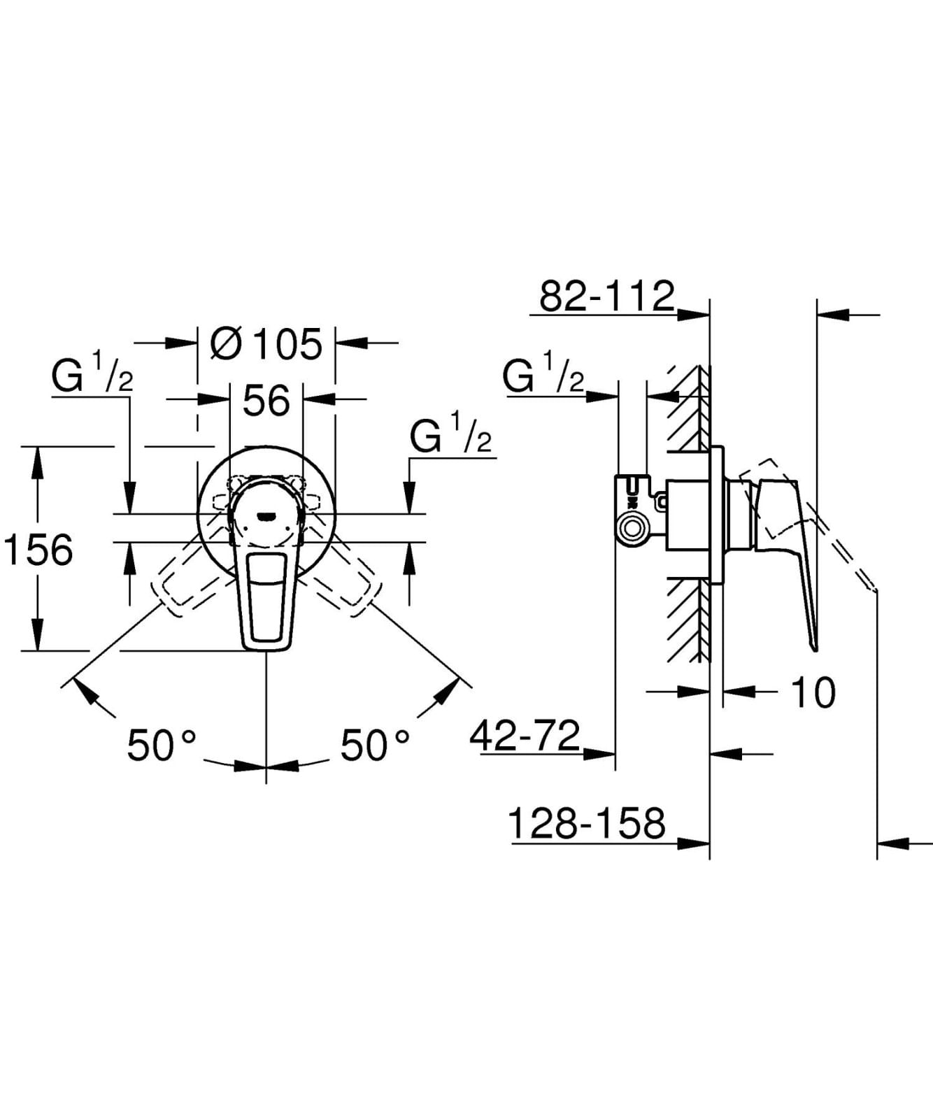 Unitate comanda Grohe 29042001, 1 bar, 105 mm, 10 mm, 1 iesiri, 1 functii palarie dus, 1/2 dimensiune racord, Crom — imaginea 3