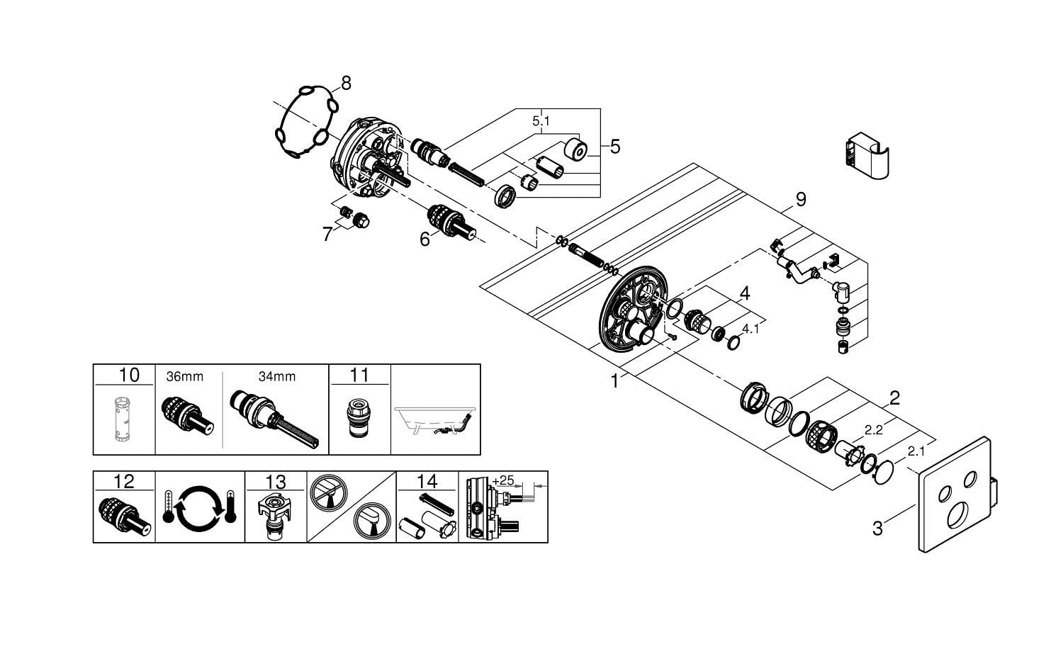 Unitate comanda Grohe 29125000, 1 bar, 158 mm, 10 mm, 2 iesiri, 1 functii palarie dus, 1/2 dimensiune racord, Crom — imaginea 5