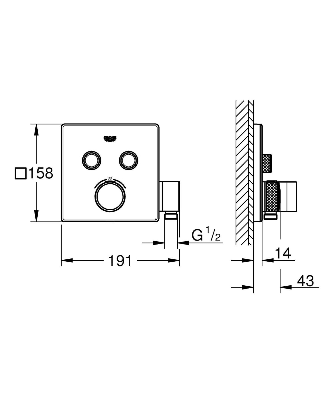 Unitate comanda Grohe 29125000, 1 bar, 158 mm, 10 mm, 2 iesiri, 1 functii palarie dus, 1/2 dimensiune racord, Crom — imaginea 6