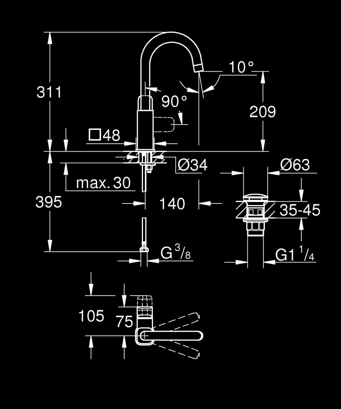 Baterie lavoar Grohe 1017710000, 28 mm, 5 l/min, 0.6 bar, 35 mm, 311 mm, 140 mm, 395 mm, 1 orificii instalare, Crom — imaginea 6