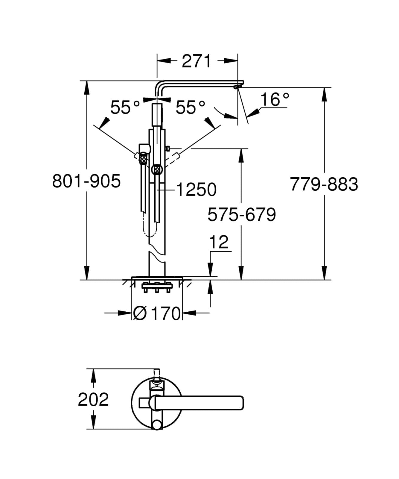 Baterie de cada Grohe 23792001, 1 bar, 66 mm, 1.25 m, 905 mm, 271 mm, 1 orificii instalare, 1 functii para dus, Crom — imaginea 5