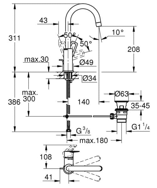 Baterie lavoar Grohe 23763001, 1 bar, 35 mm, 311 mm, 140 mm, 386 mm, 1 orificii instalare, 3/8 dimensiune racord, Crom — imaginea 6