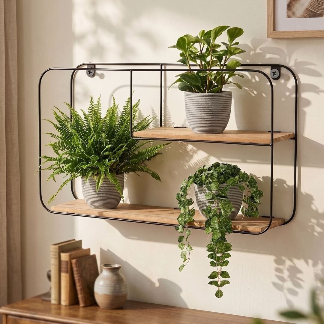 Etajera metalica de perete cu 2 polite MDF, 52X10.5X29 cm — imaginea 2