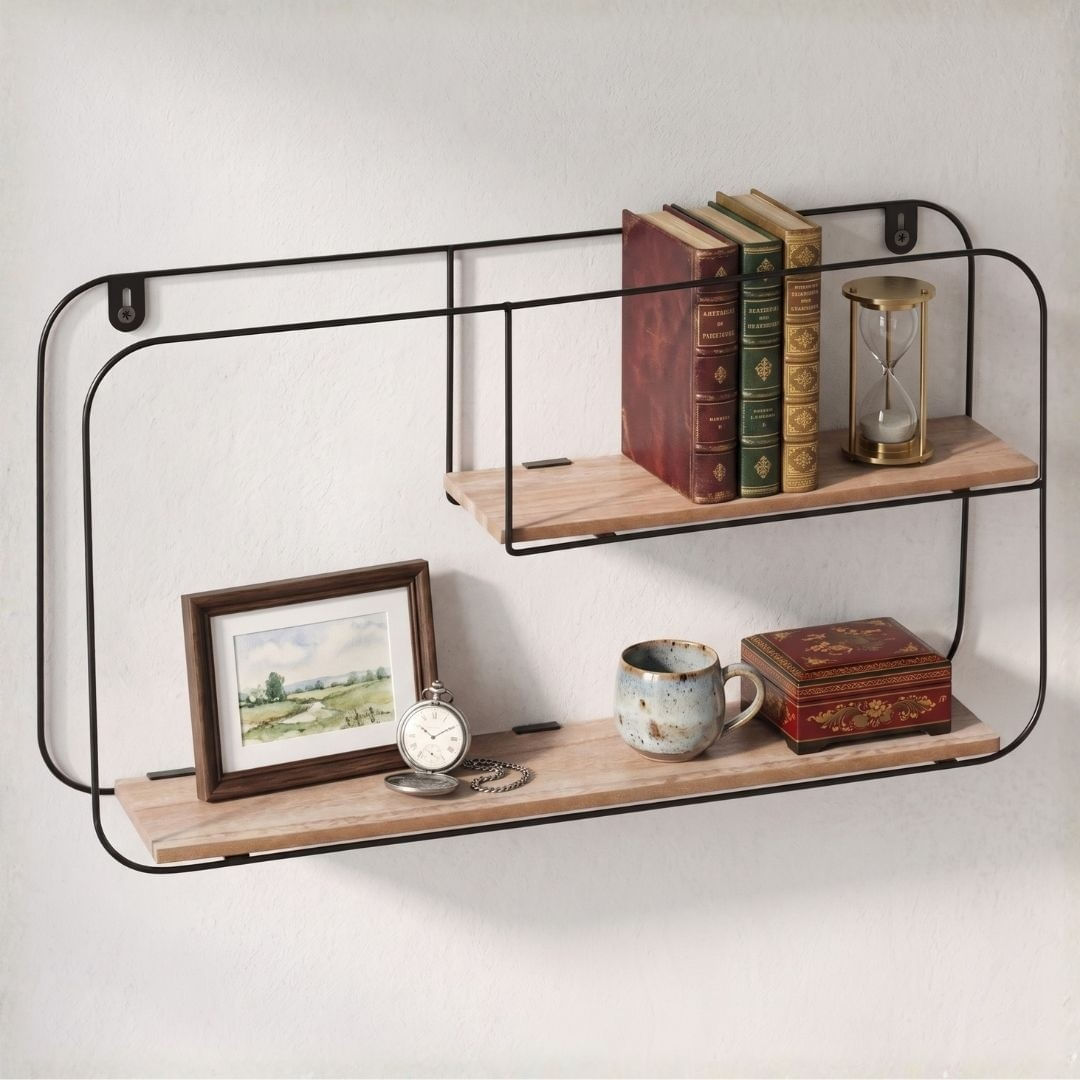 Etajera metalica de perete cu 2 polite MDF, 52X10.5X29 cm — imaginea 5