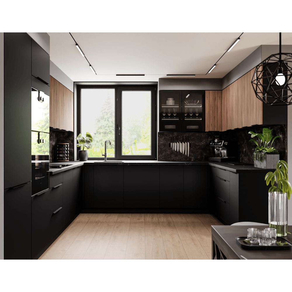 Dulap de colt inferior, nuc okapi/negru, MENZO 90x90 DN 2F BB — imaginea 18