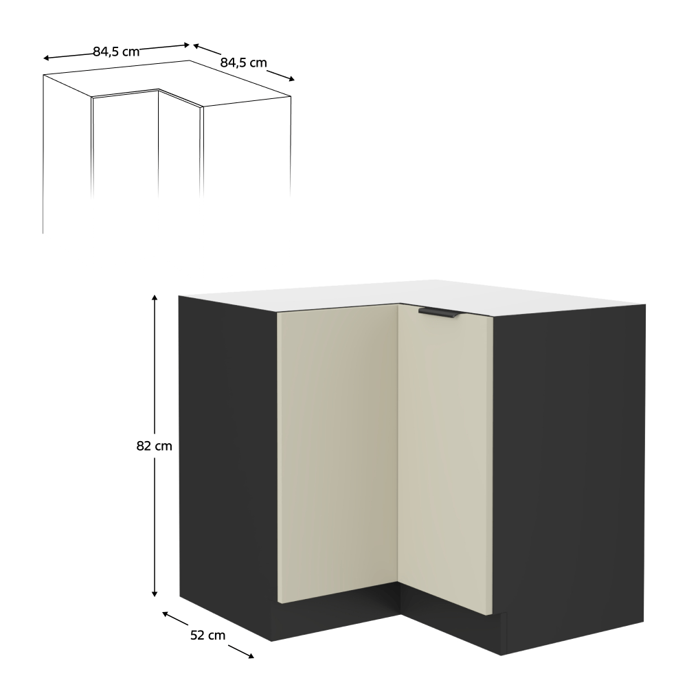 Dulap de colt inferior, casmir/negru, ARAKA 90x90 DN 2F BB — imaginea 6