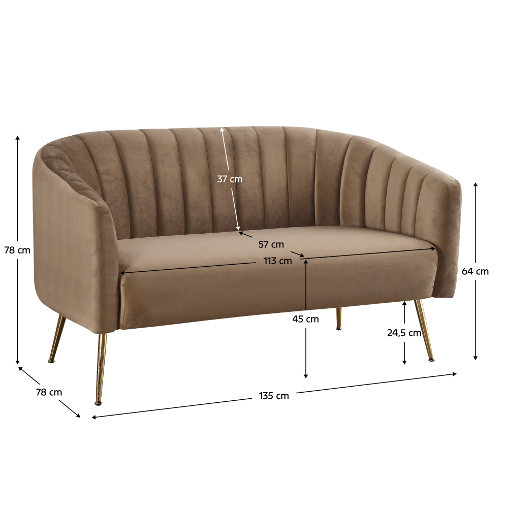 Canapea de design cu 2 locuri, tesatura Velvet maro/gold crom-auriu, BAGY — imaginea 3