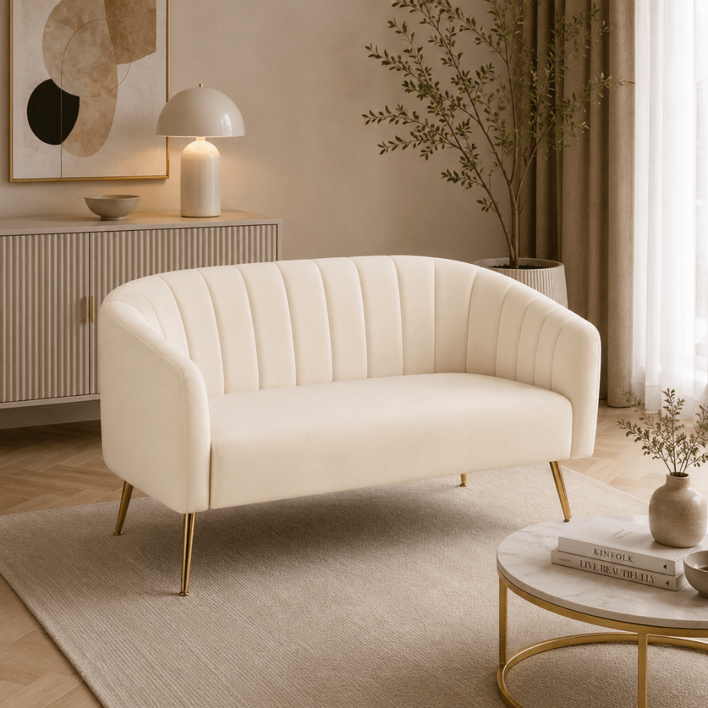 Canapea de design cu 2 locuri, tesatura Velvet bej/gold crom-auriu, BAGY — imaginea 3