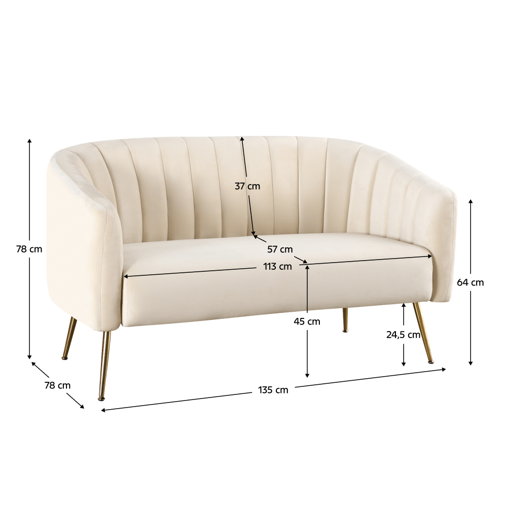 Canapea de design cu 2 locuri, tesatura Velvet bej/gold crom-auriu, BAGY — imaginea 4