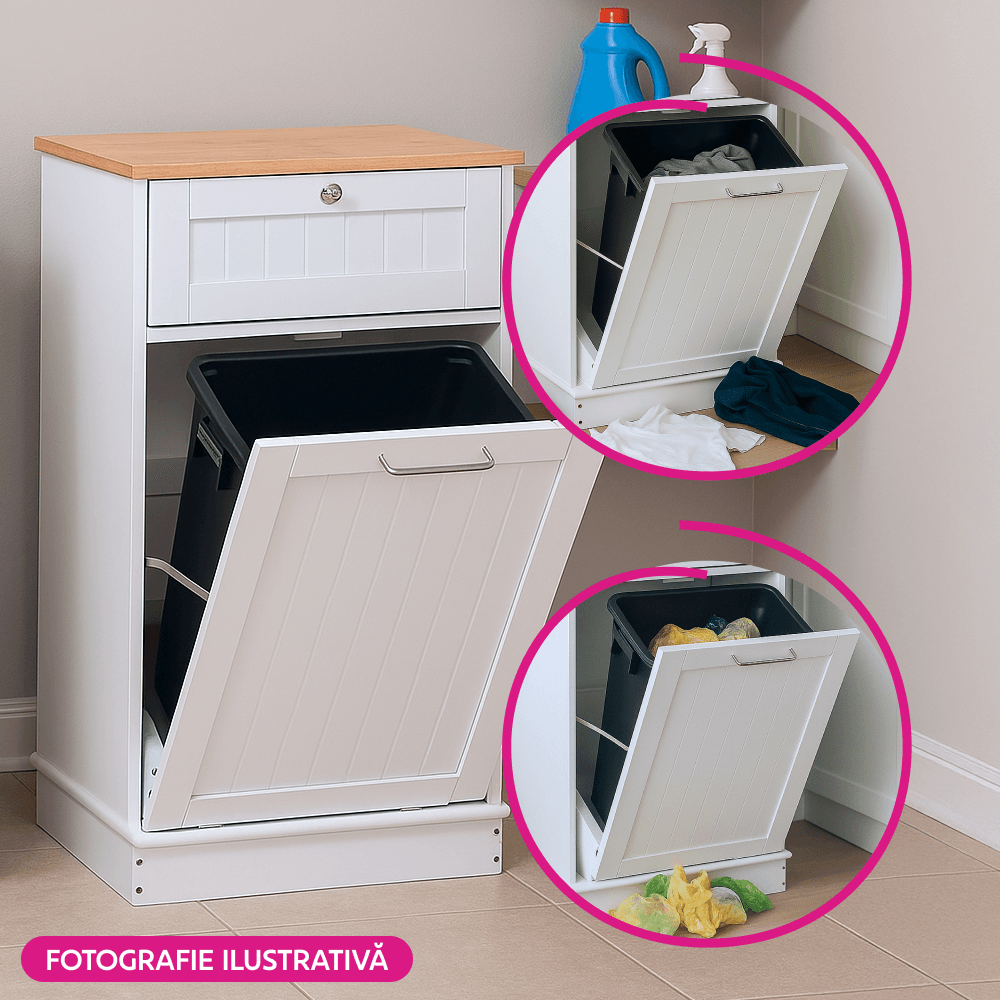 Dulap cu deschidere basculanta cu cos de gunoi, alb/bambus, DELINS TYP 1 — imaginea 2