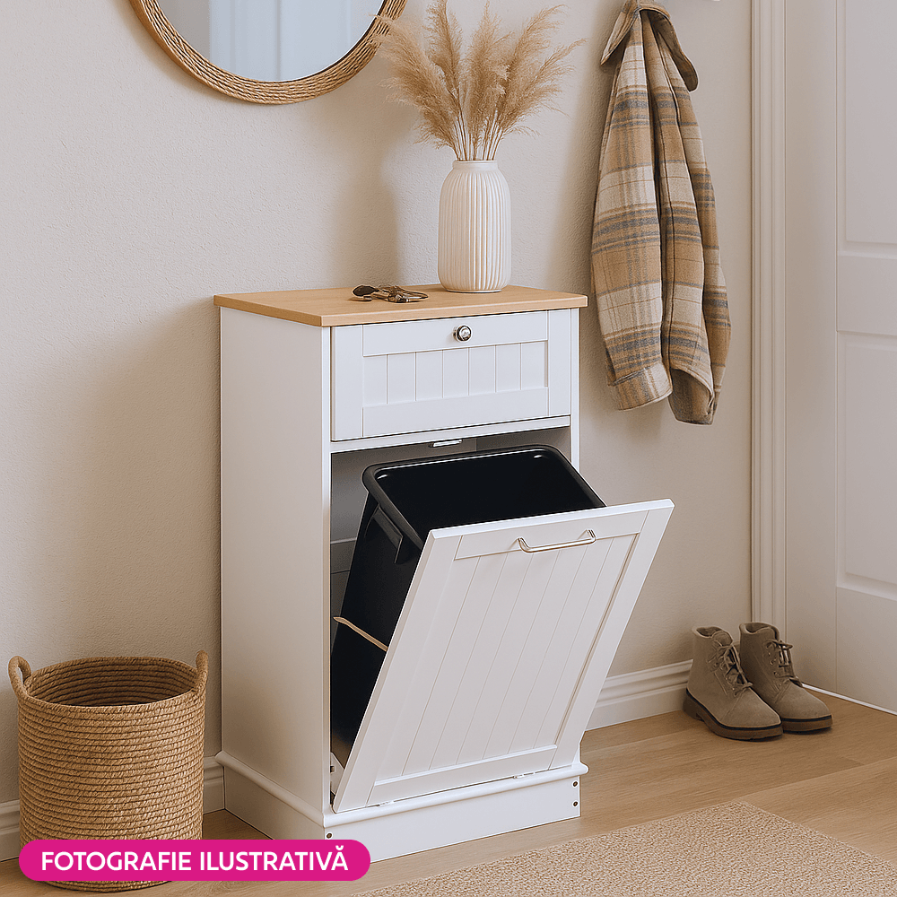 Dulap cu deschidere basculanta cu cos de gunoi, alb/bambus, DELINS TYP 1 — imaginea 4