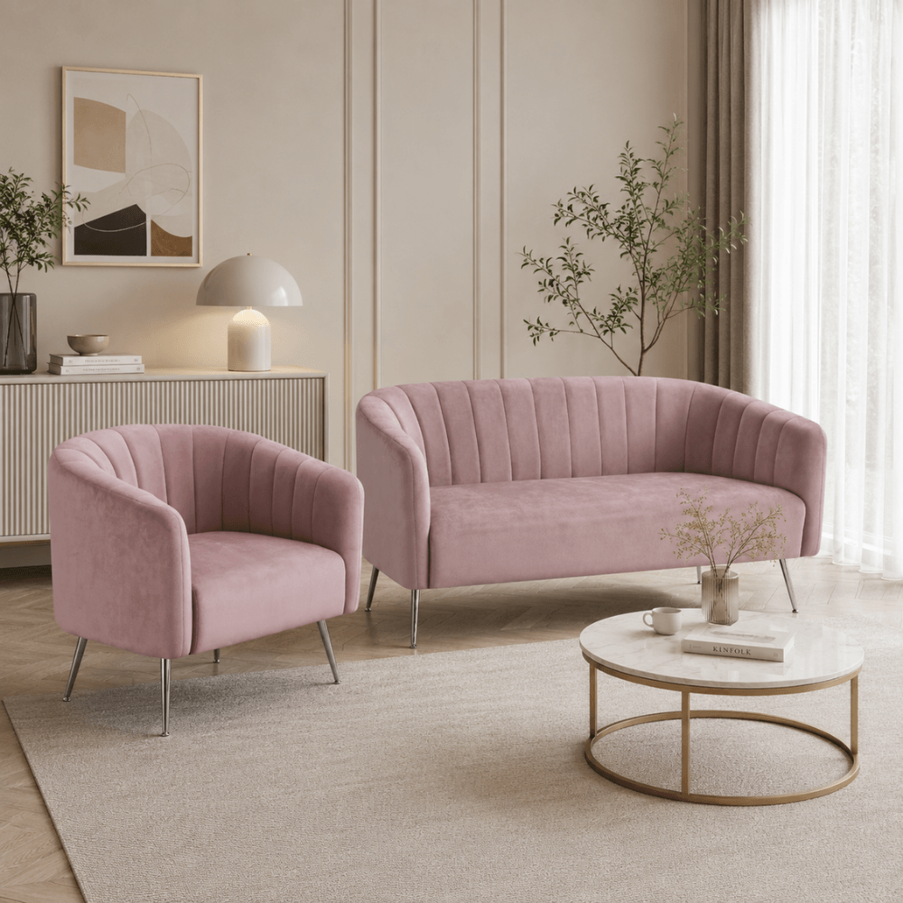 Canapea de design cu 2 locuri, tesatura Velvet roz/crom-argintiu, BAGY — imaginea 3