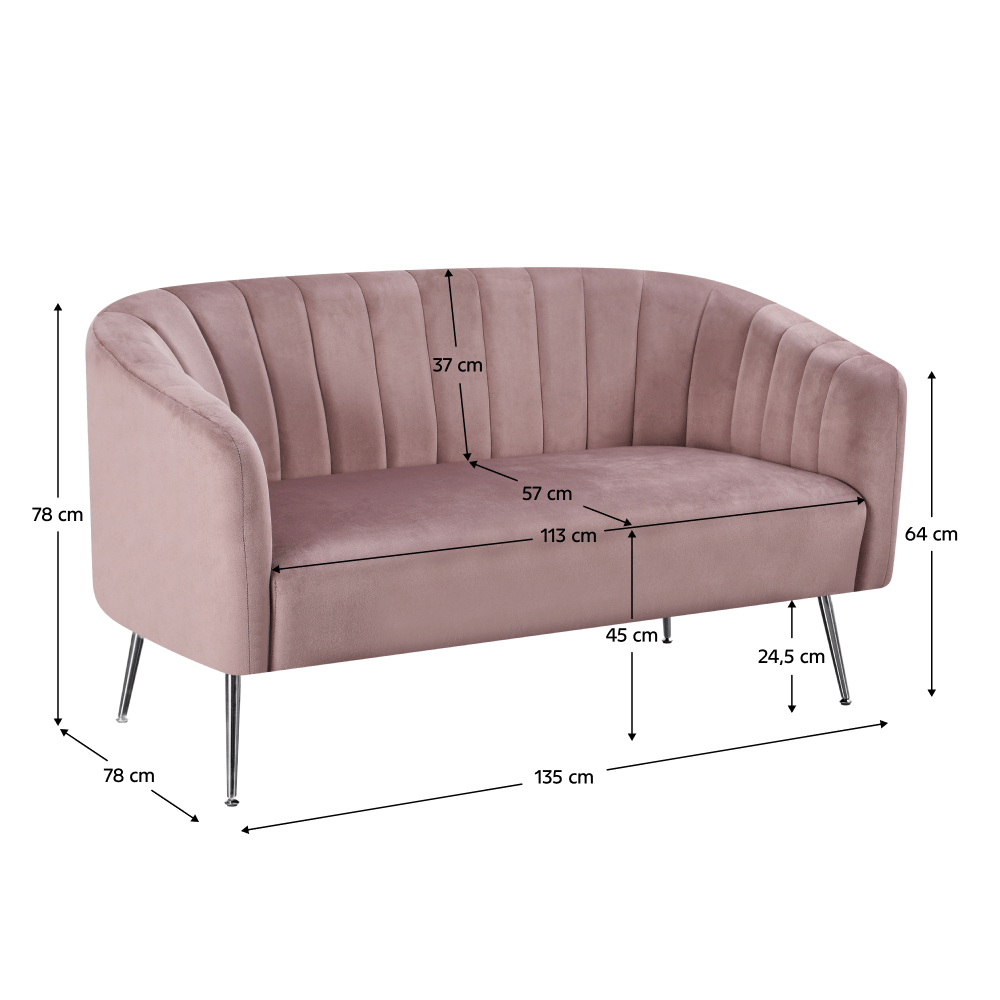 Canapea de design cu 2 locuri, tesatura Velvet roz/crom-argintiu, BAGY — imaginea 5