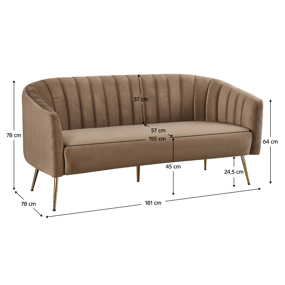 Canapea de design cu 3 locuri, tesatura Velvet maro/gold crom-auriu, BAGY — imaginea 2