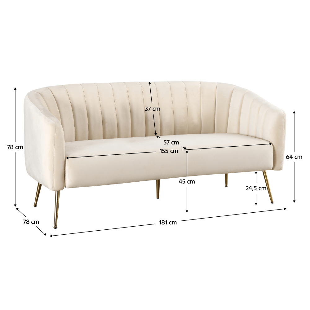 Canapea de design cu 3 locuri, tesatura Velvet bej/gold crom-auriu, BAGY — imaginea 2