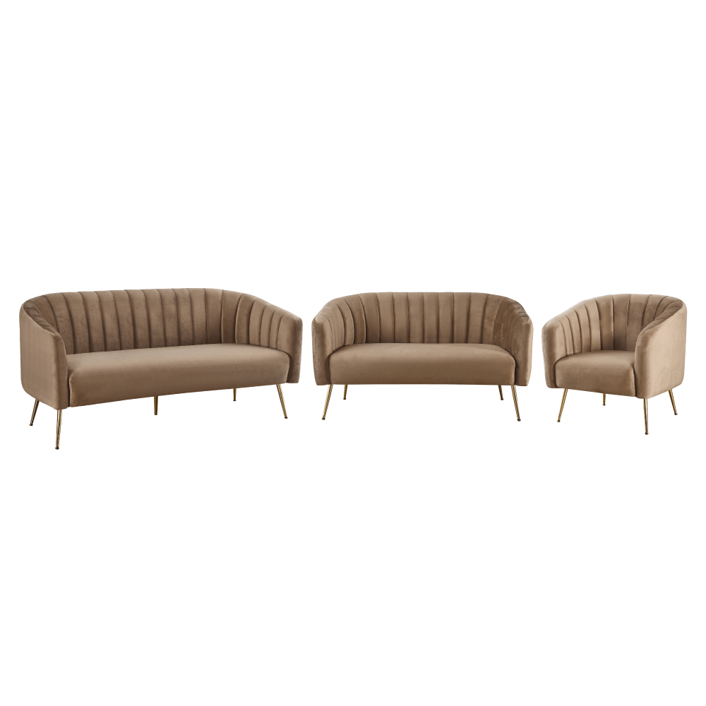 Canapea de design cu 3 locuri, tesatura Velvet maro/gold crom-auriu, BAGY — imaginea 5