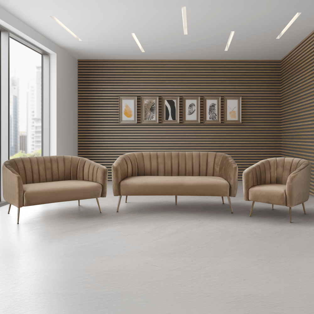 Canapea de design cu 3 locuri, tesatura Velvet maro/gold crom-auriu, BAGY — imaginea 8