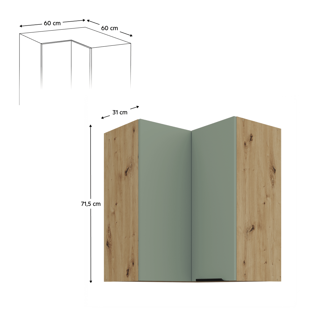Dulapior de colt superior, aquamarine/stejar artisan, ARSANY 60x60 GN-72 2F — imaginea 2