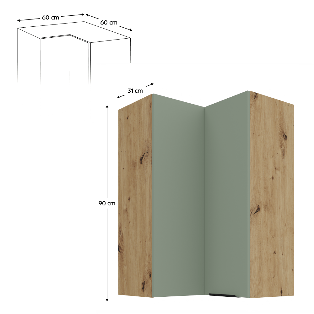 Dulapior de colt superior, aquamarine/stejar artisan, ARSANY 60x60 GN-90 2F — imaginea 2