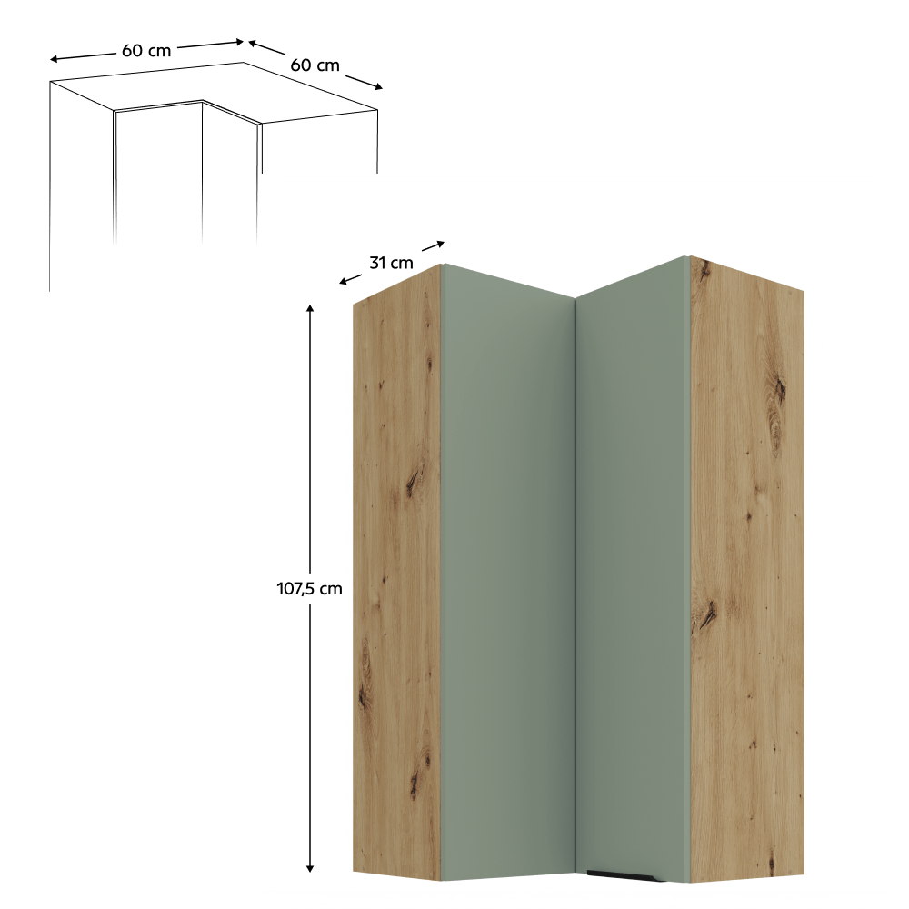 Dulapior de colt superior, aquamarine/stejar artisan, ARSANY 60x60 GN-108 2F — imaginea 2