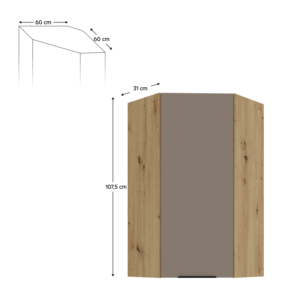 Dulapior de colt superior, sandgrau/stejar artisan, FRISBO 60x60 GN-108 1F — imaginea 2