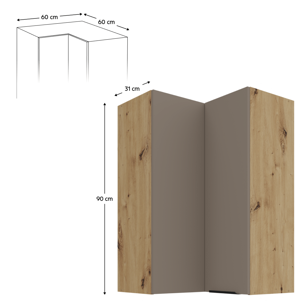 Dulapior de colt superior, sandgrau/stejar artisan, FRISBO 60x60 GN-90 2F — imaginea 2