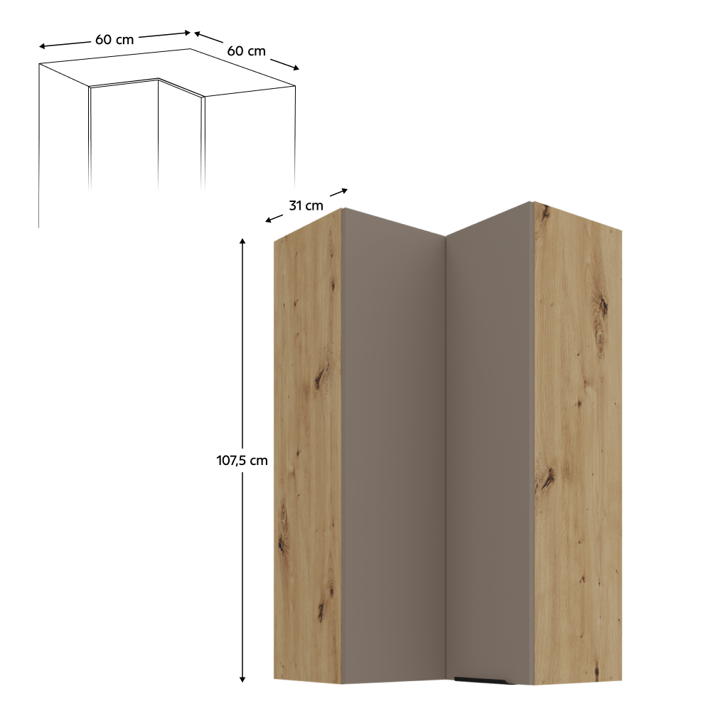Dulapior de colt superior, sandgrau/stejar artisan, FRISBO 60x60 GN-108 2F — imaginea 2