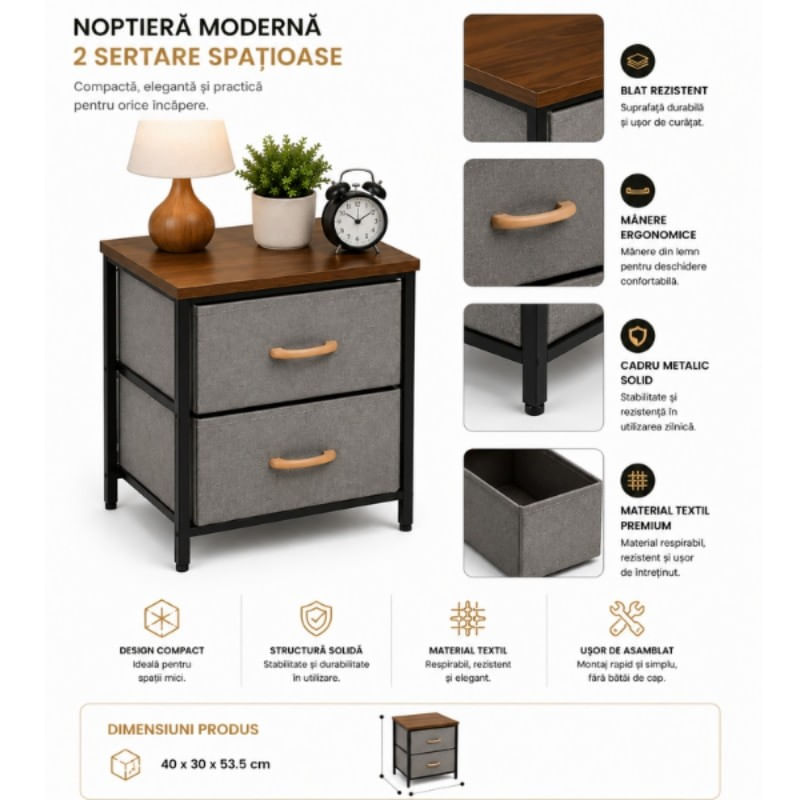 Noptiera 2 Etajere cu Sertare Textil, Lemn & Metal - 40x30x53.5 cm — imaginea 3