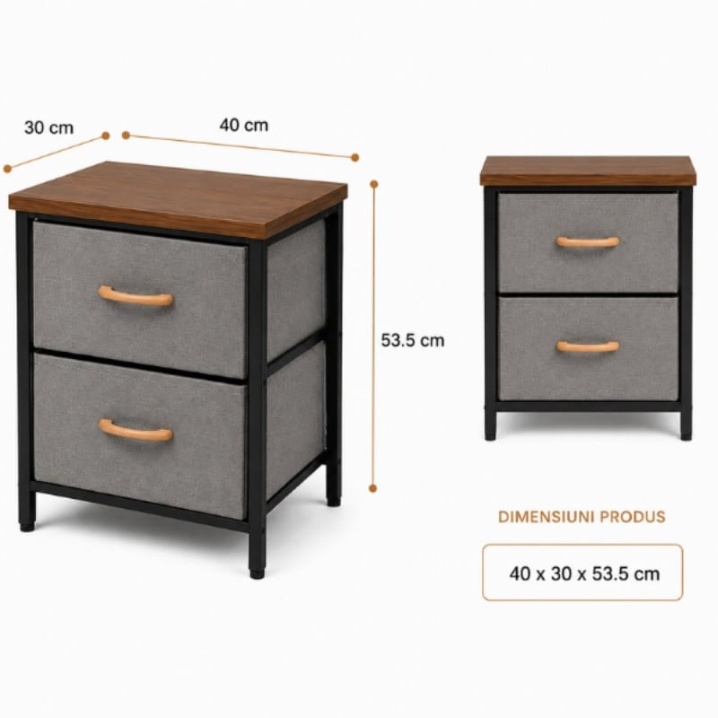 Noptiera 2 Etajere cu Sertare Textil, Lemn & Metal - 40x30x53.5 cm — imaginea 4