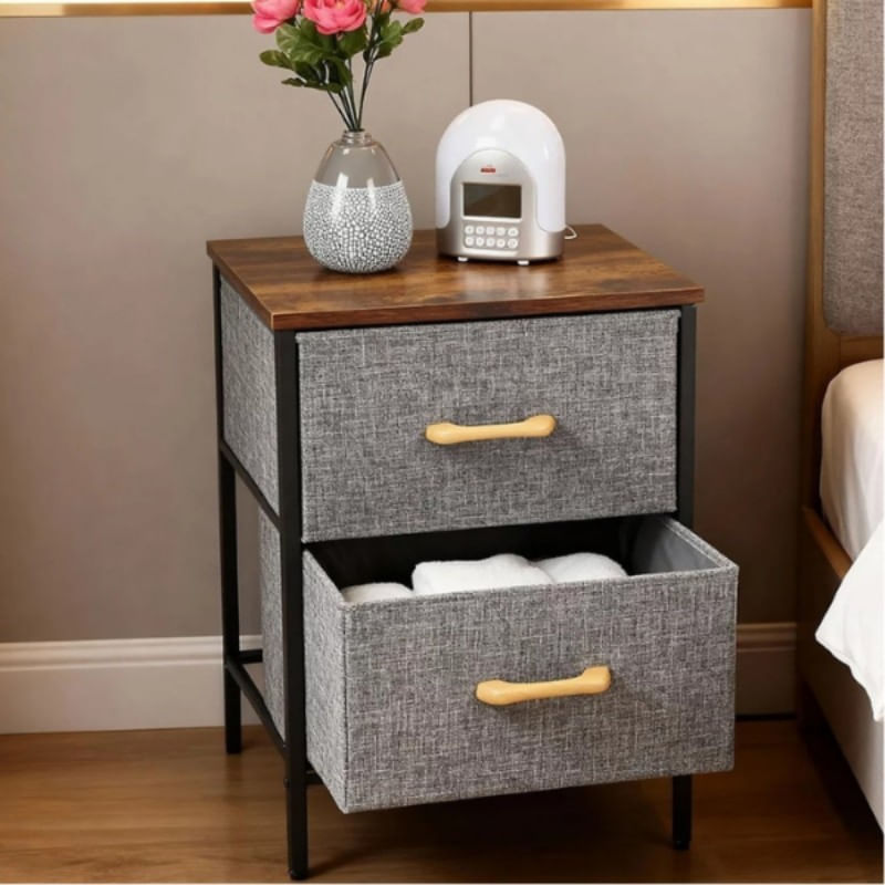 Noptiera 2 Etajere cu Sertare Textil, Lemn & Metal - 40x30x53.5 cm — imaginea 5