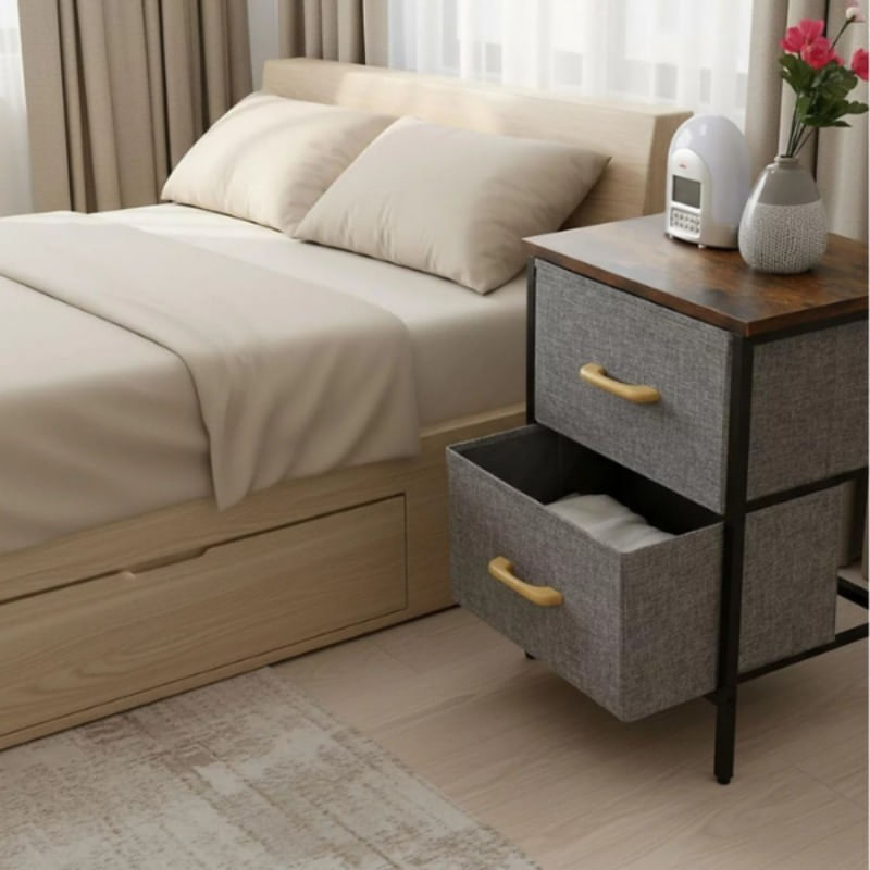 Noptiera 2 Etajere cu Sertare Textil, Lemn & Metal - 40x30x53.5 cm — imaginea 6
