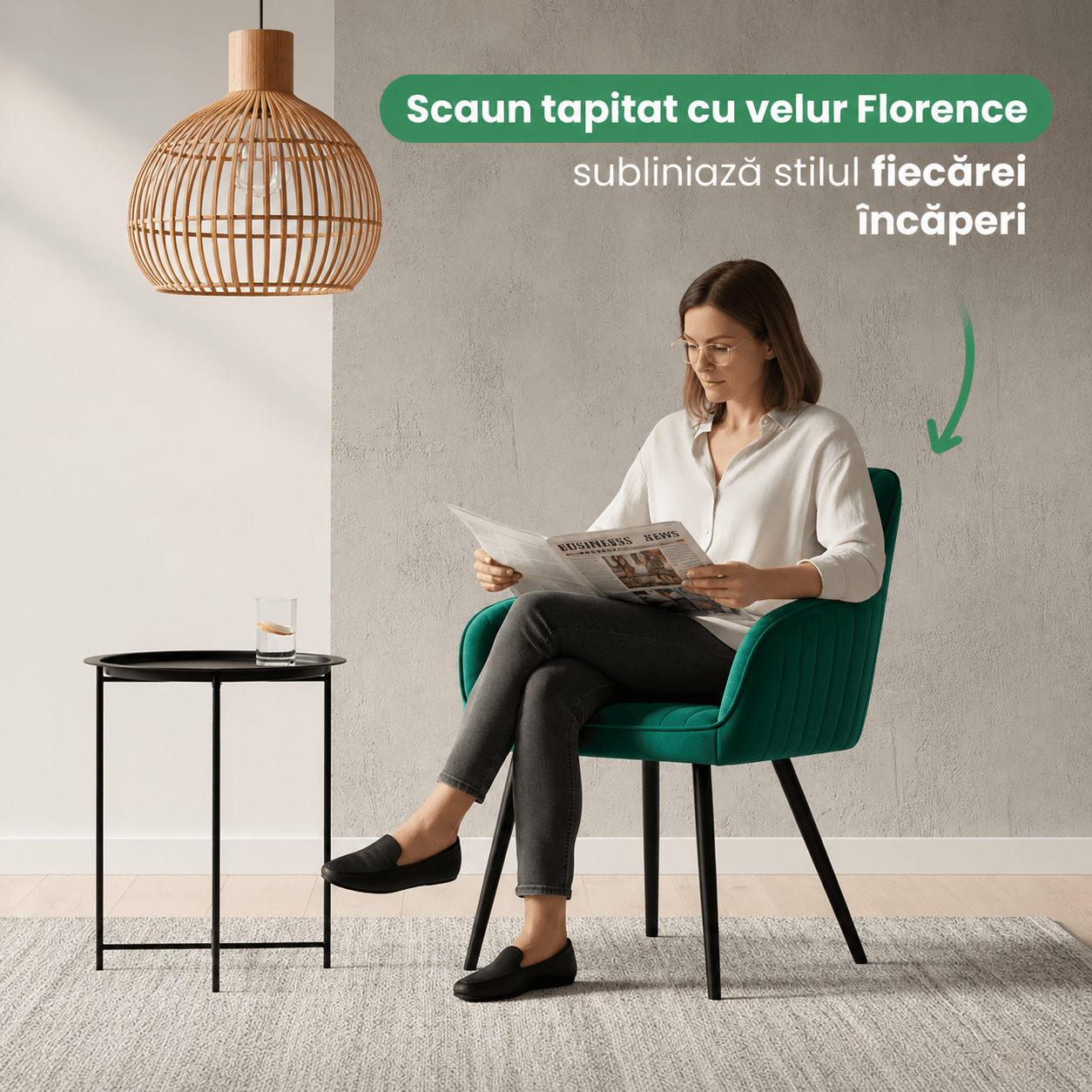 Set 2 scaune dining tapitate din velur Florence, 55x58x82 cm, maxim 120 kg, verde — imaginea 9